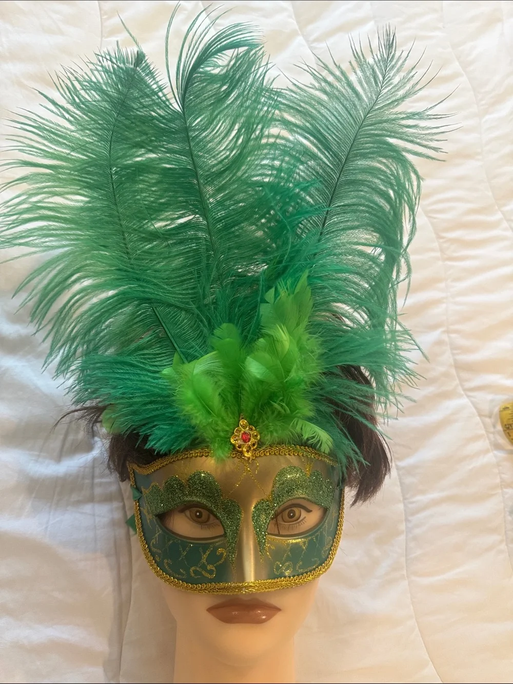 Mardi Gras green gold feather mask